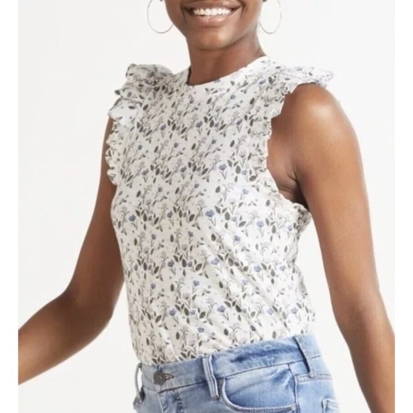 Nation LTD 100% Pima Cotton Ruffle Sleeve Jersey Top T Shirt Floral Large - Picture 2 of 10